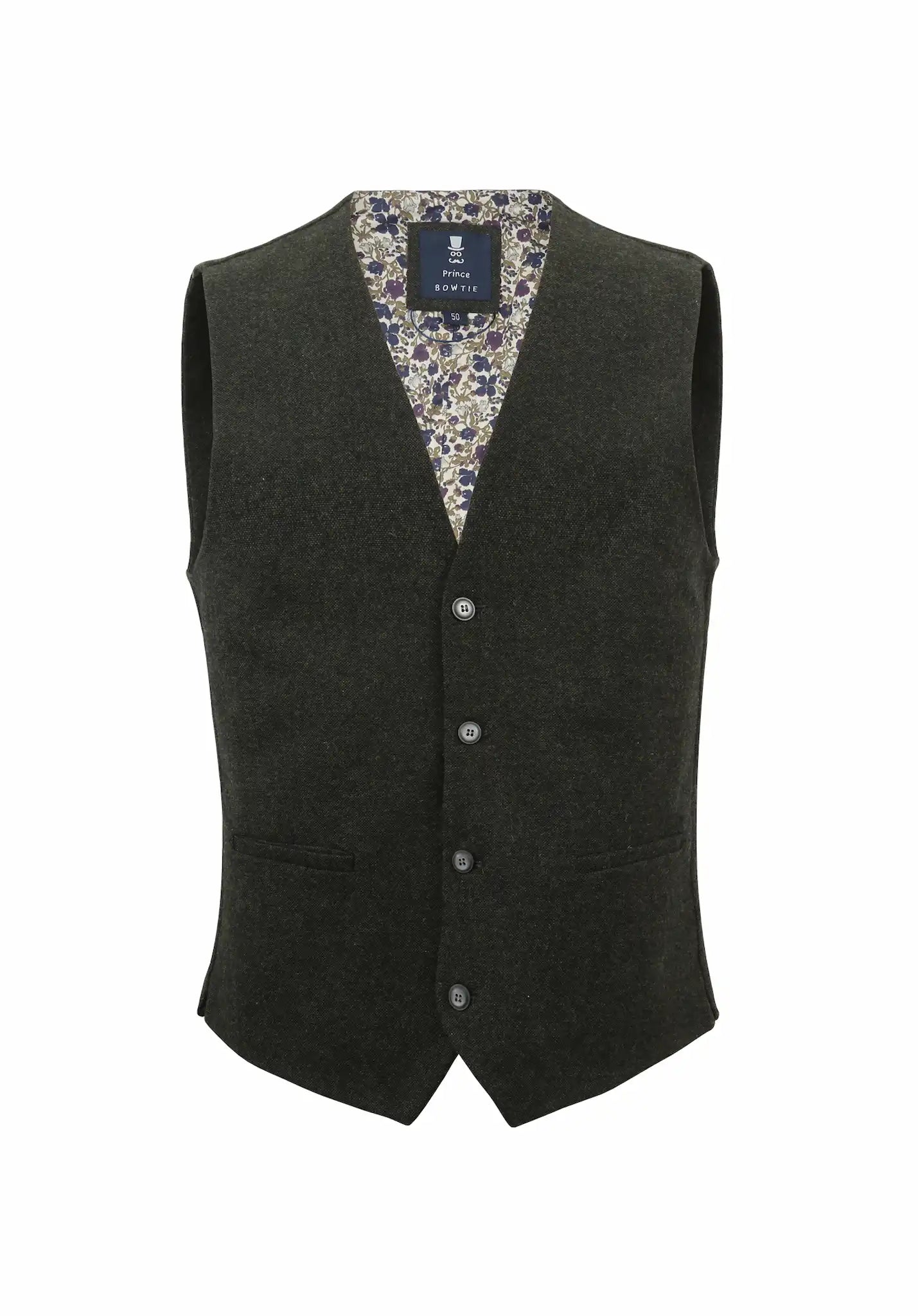 (Dunkelgrün) Weste Herren Tweed Wolle – Frontalansicht mit floralem Innenfutter