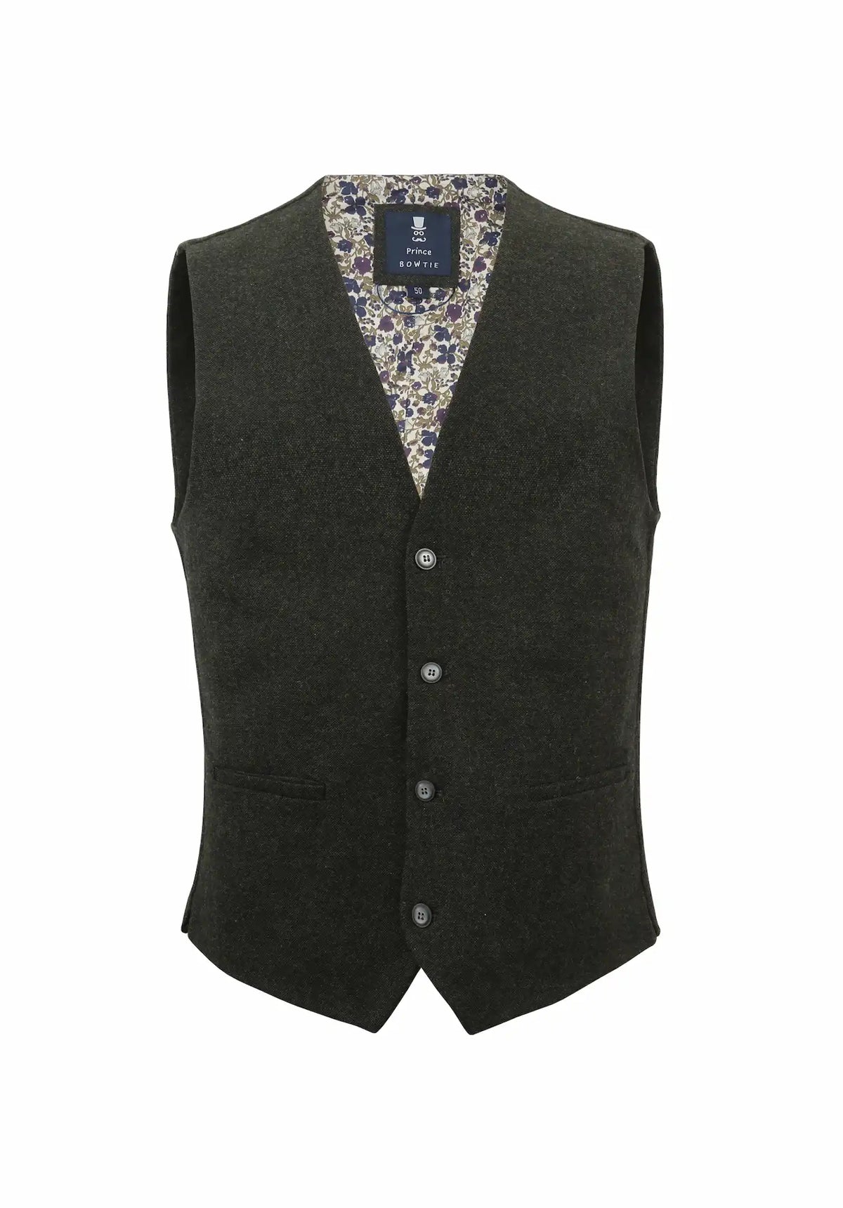 (Dunkelgrün) Weste Herren Tweed Wolle – Frontalansicht mit floralem Innenfutter