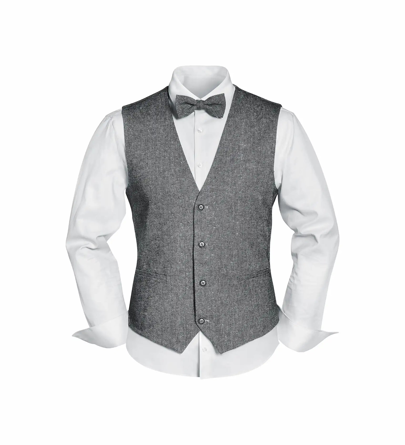 (Grau) Westen Set Herren Tweed mit Fliege – Outfit auf Mannequin mit weißem Hemd