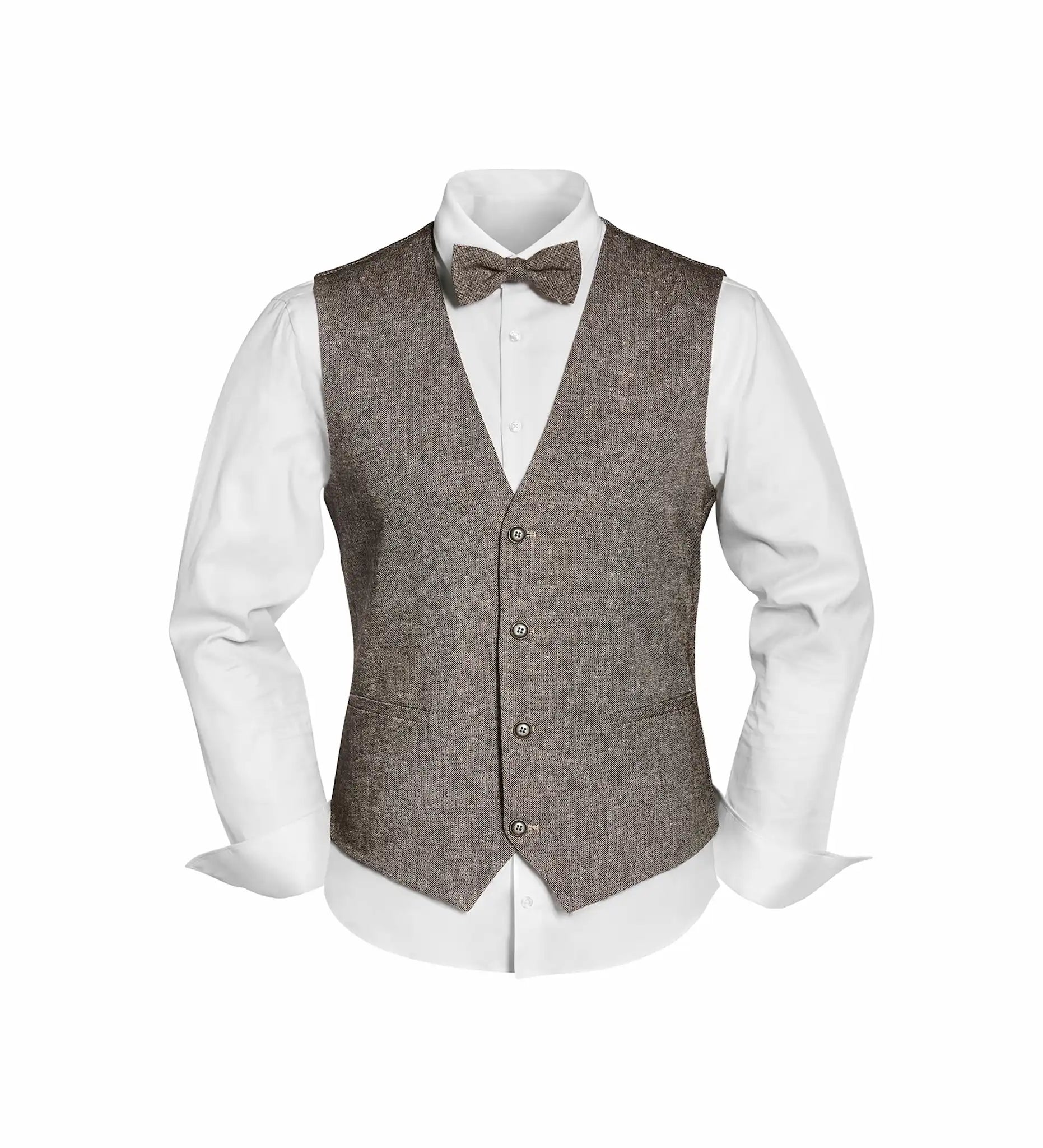(Beige) Westen Set Herren Tweed mit Fliege – Outfit auf Mannequin mit weißem Hemd
