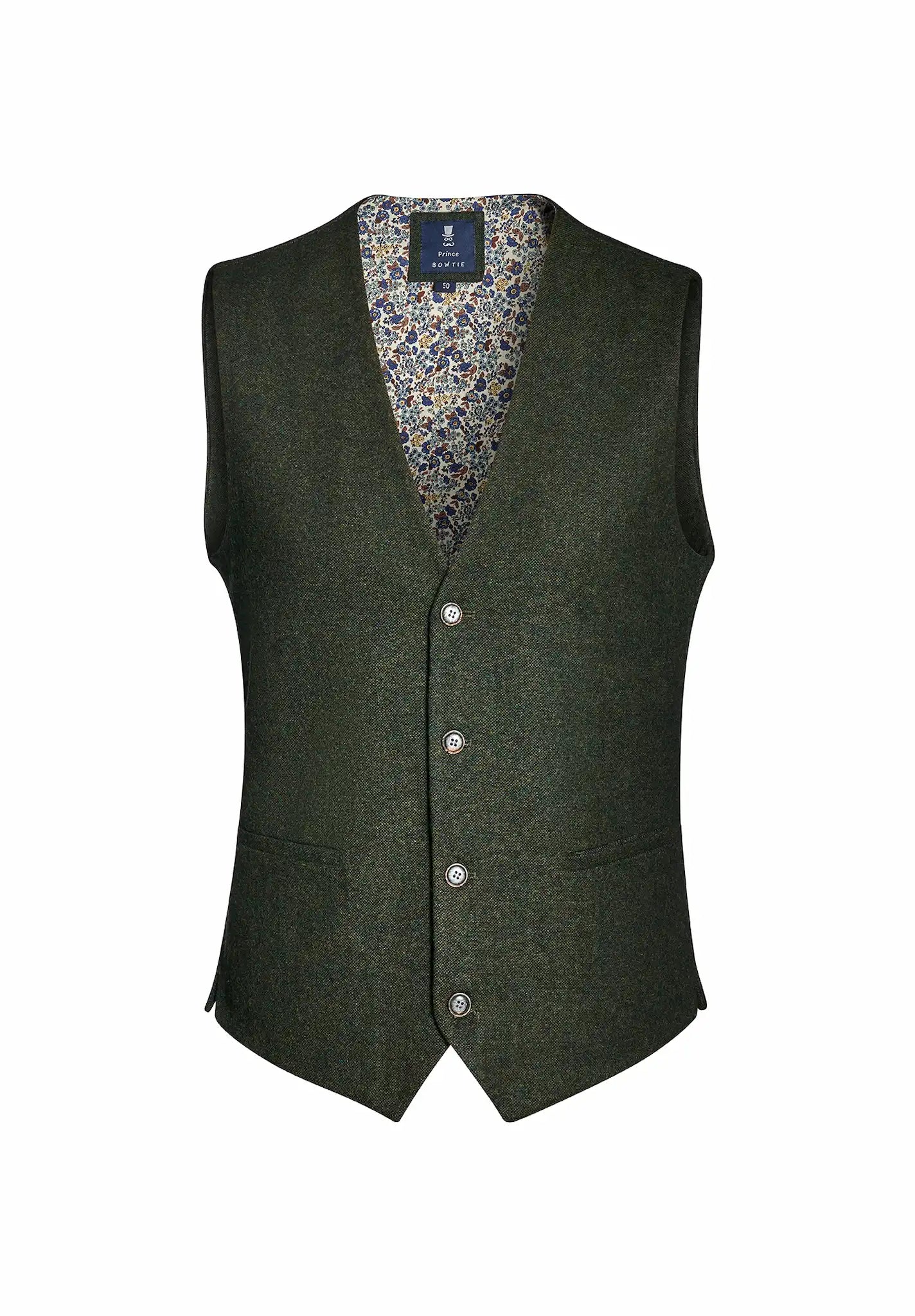 (Dunkelgrün) Westen Set Tweed – Weste Frontalansicht mit floralem Innenfutter
