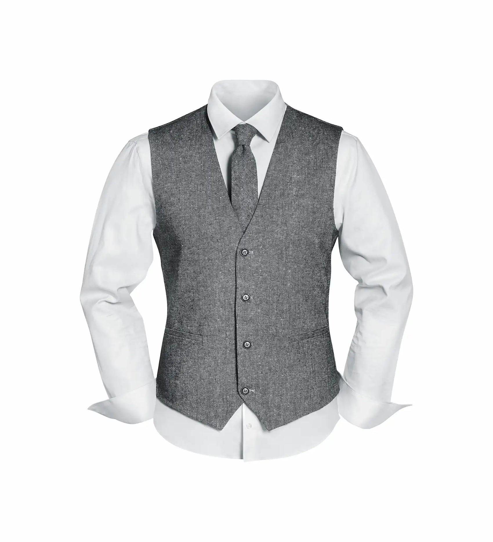 (Grau) Westen Set Herren Tweed mit Krawatte – Frontansicht auf weißem Hemd