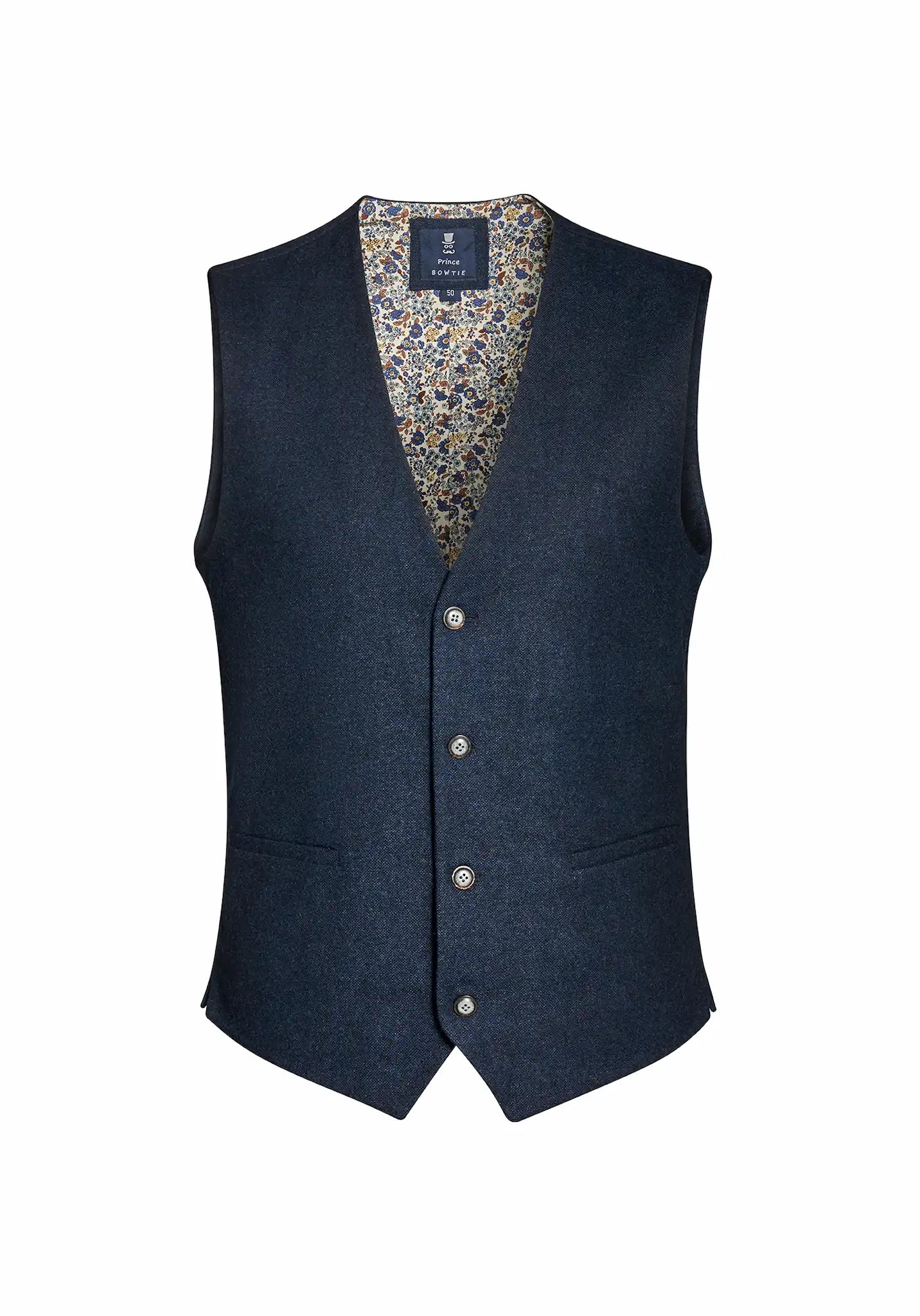 (Dunkelblau) Herrenweste Tweed mit floralem Innenfutter – Prince Bowtie