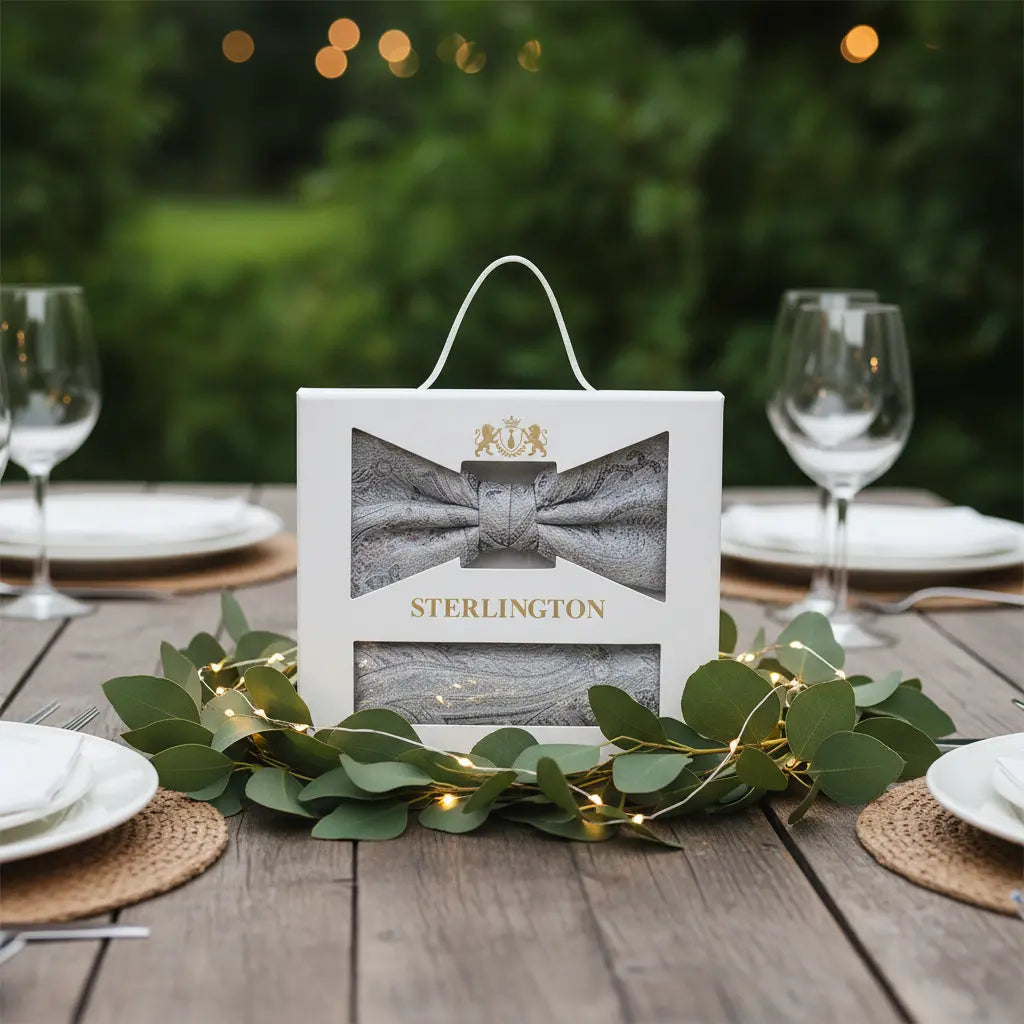 Fliege Einstecktuch Set Sterlington für die Hochzeit – abgestimmte Fliege und Tuch für Bräutigam und Trauzeugen