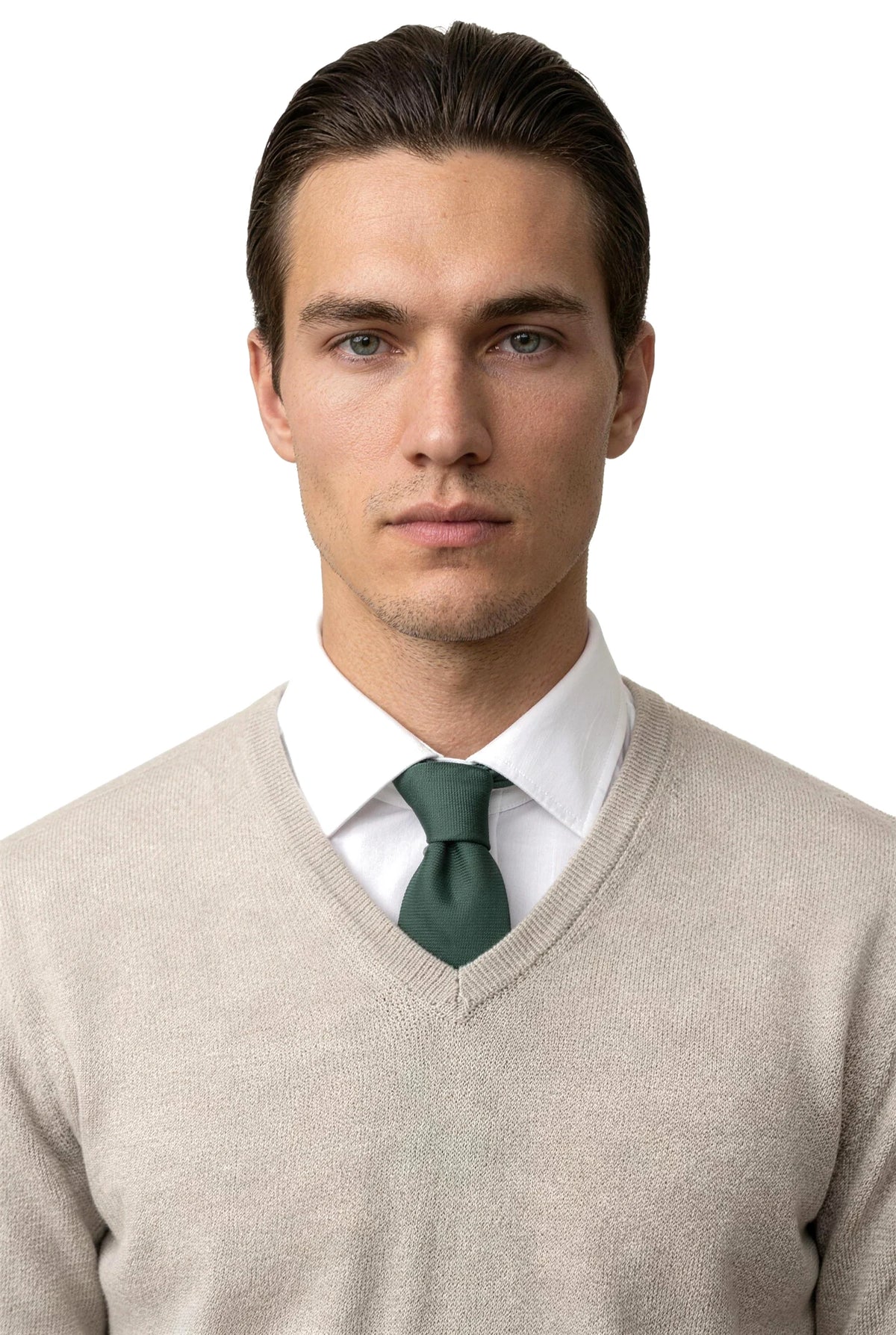 (Dunkelgrün) seidenkrawatte herren uni schmal getragen portrait mit merino v-pullover